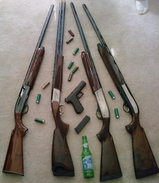 2 Remy 1100's, Browning Cynergy, Beretta 391 Urika Sport, Glock 17, and a Rolling Rock for good measure.