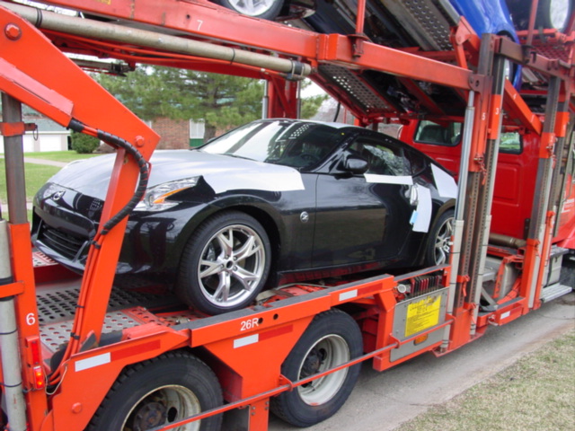 My 370Z arriving at the dealership. The very friendly associate took these photos for me at my request.