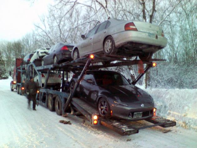 Ever driven a Z on packed and icy snow...without snow tires. It was fun just getting it down the driveway! She's on her way to Fast Intentions for her twin turbo install!