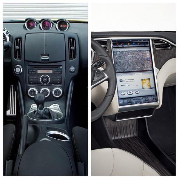 Like many other Z owners, we have been very unhappy with the front facing glovebox. So we have decided to design a Tesla inspired infotainment system. On the left is a stock 370Z interior and the right is our Tesla inspiration.