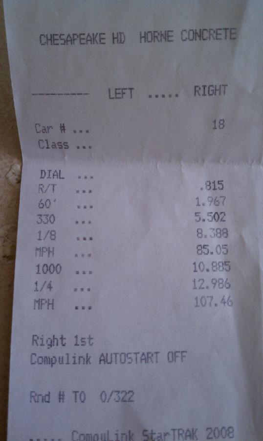 Close up of my best run.  1st and best run of the day!  Launched at 1500 RPM and everything just went perfectly from there.  First run ever at a drag strip :D