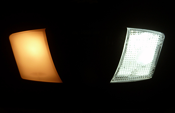 GTR dome lens with 5000k VLED bulb on the right, stock lens and bulb on the left.