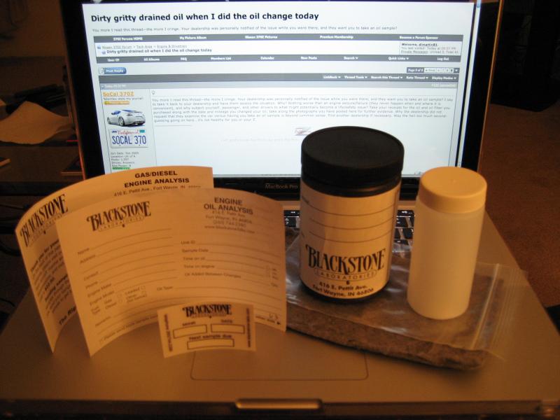 BlackStone oil testing contents: 
instructions 
form 
next oil analysis reminder windshield sticker
plastic oil sample container 
oil absorbent cloth 
ziplock bag 
plastic shipping container
