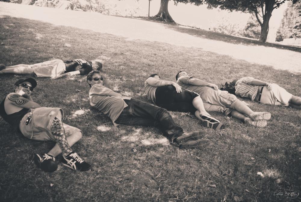 Found a sleepy bum napping in the park (far right) and we decided to spoon with him!  I'm doing my sexy pose on the far left.