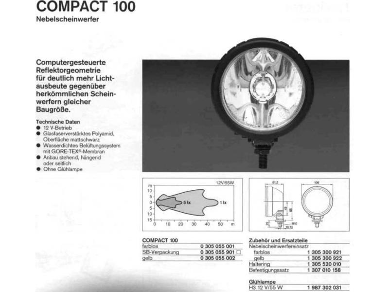 Like good German pr0n, sometimes the words don't matter.  This is the Nebelscheinwerfer, or as you might prefer, the "Fog Light".  Check the diagram of the beam pattern.

Both these and the driving lights use regular 55-watt H3 bulbs and 20-amp fuses. The fogs have a yellow glass lens. Each lamp has a purpose-built reflector, but the housings are the same.