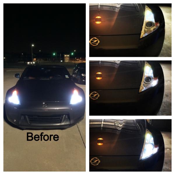 DRL switchback LED turn signals.
The before was a trial run with the stock turn signals on the left, and on the right is the switch back LED's that turn to amber when showing the turn signal and back to white after the indicator is off. Three stages shown on the right as well.