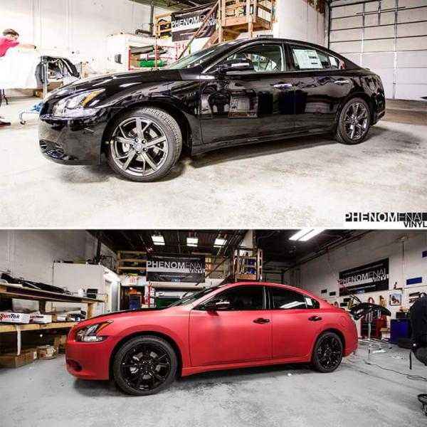 this black sport package Maxima got wrapped in Matte Red, lowered with some wheel spacers courtesy of Phenomenal Vinyl and Real Auto Dynamics