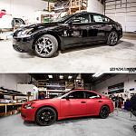 this black sport package Maxima got wrapped in Matte Red, lowered with some wheel spacers courtesy of Phenomenal Vinyl and Real Auto Dynamics