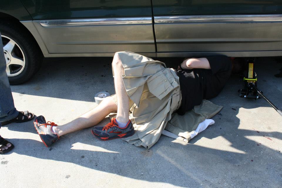 Random shot of me working on a friends car in my Kilt...we were at the Texas Renaissance Festival and his exhaust hangers broke and needed to be wired back up.