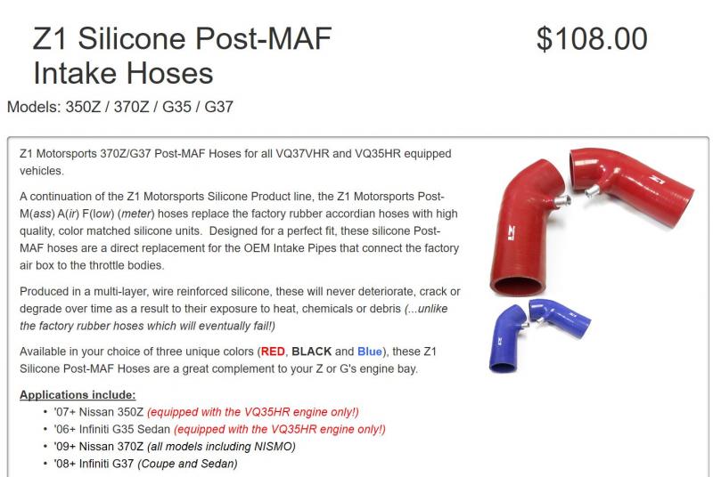 Z1 Silicone Post MAF Intake retail cost 370Z