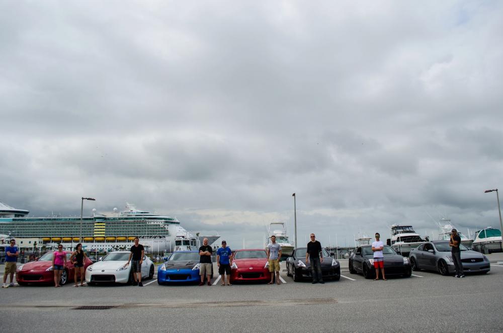 The group with their cars at the Central FL Z Meet in Cocoa Beach Florida with The Freedom of the Seas behind us at Port Canaveral.