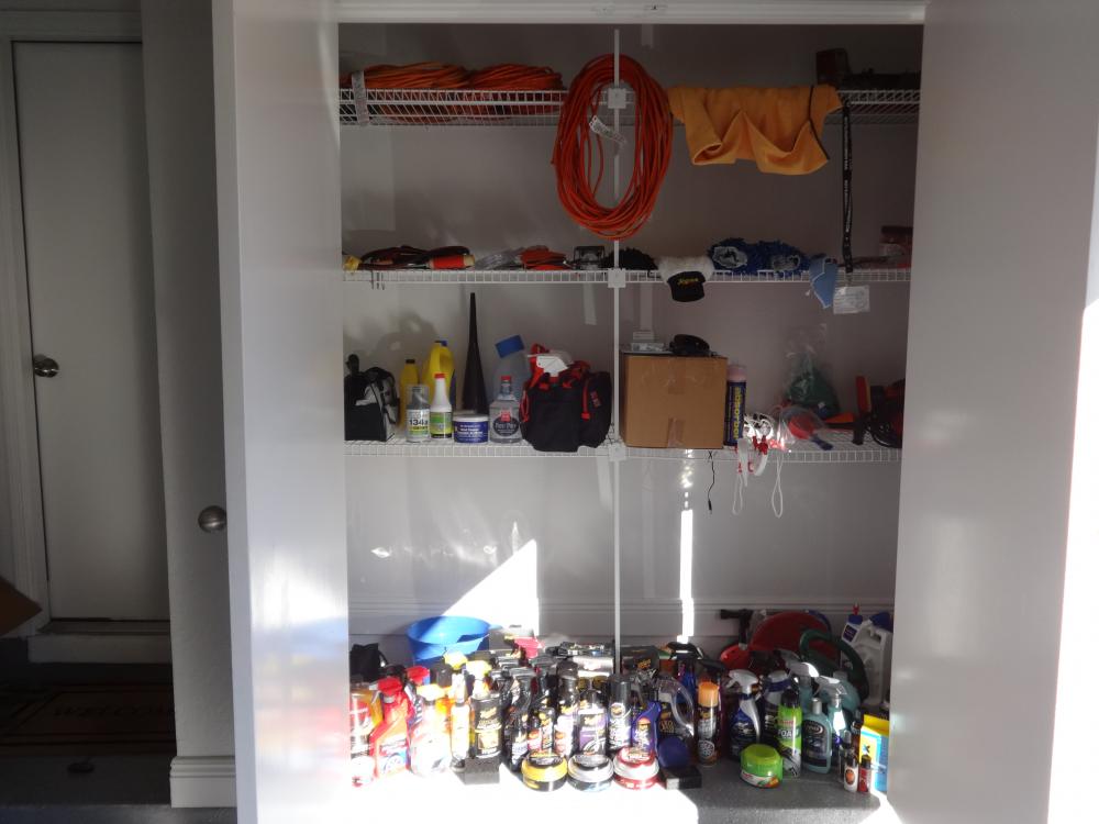 My garage closet full of cleaning supplies, I get a bit crazy with them:) That's why I started a Youtube channel.