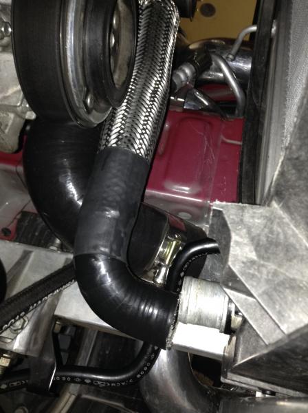 Lower coolant hose contacting AC pulley compressor under hard driving / track day driving - so I put on a stainless steel sleeve - finished bottom and top of sleeve with heat shrink