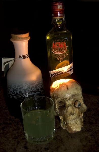 Pyro's new drink, it's not too bad - The Hooker's Nightmare

Put on rocks in highball

2 oz Le Tourment Vert
1 oz Agwa
Splash of Everclear if you like