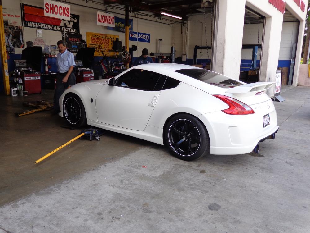 Changing the new shoes at the shop.