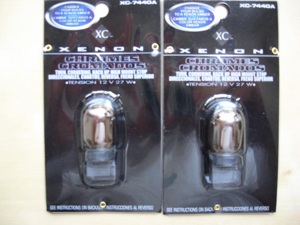 Pilot XC-7440A Xenon Amber Chrome Coated Glass Bulb - Rear Turn Signals.  

Get them on Amazon.com for $3.43 each!