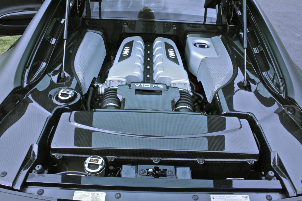 Engine bay with carbon fiber package.